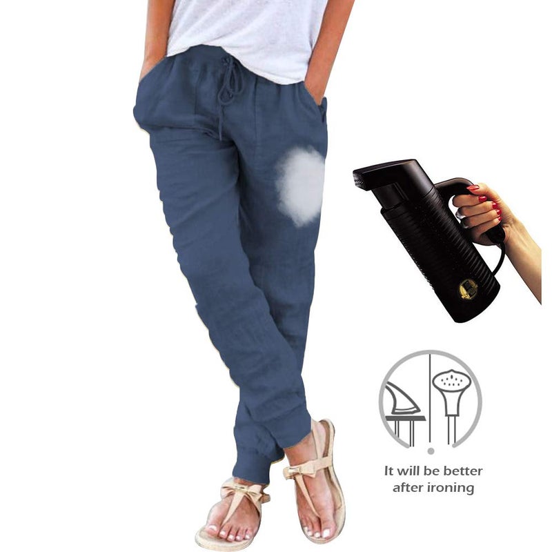 Puimentiua Womens Tapered Pants Cotton Linen Drawstring Back Elastic Waist Pants Casual Trousers with Pockets - Image 3